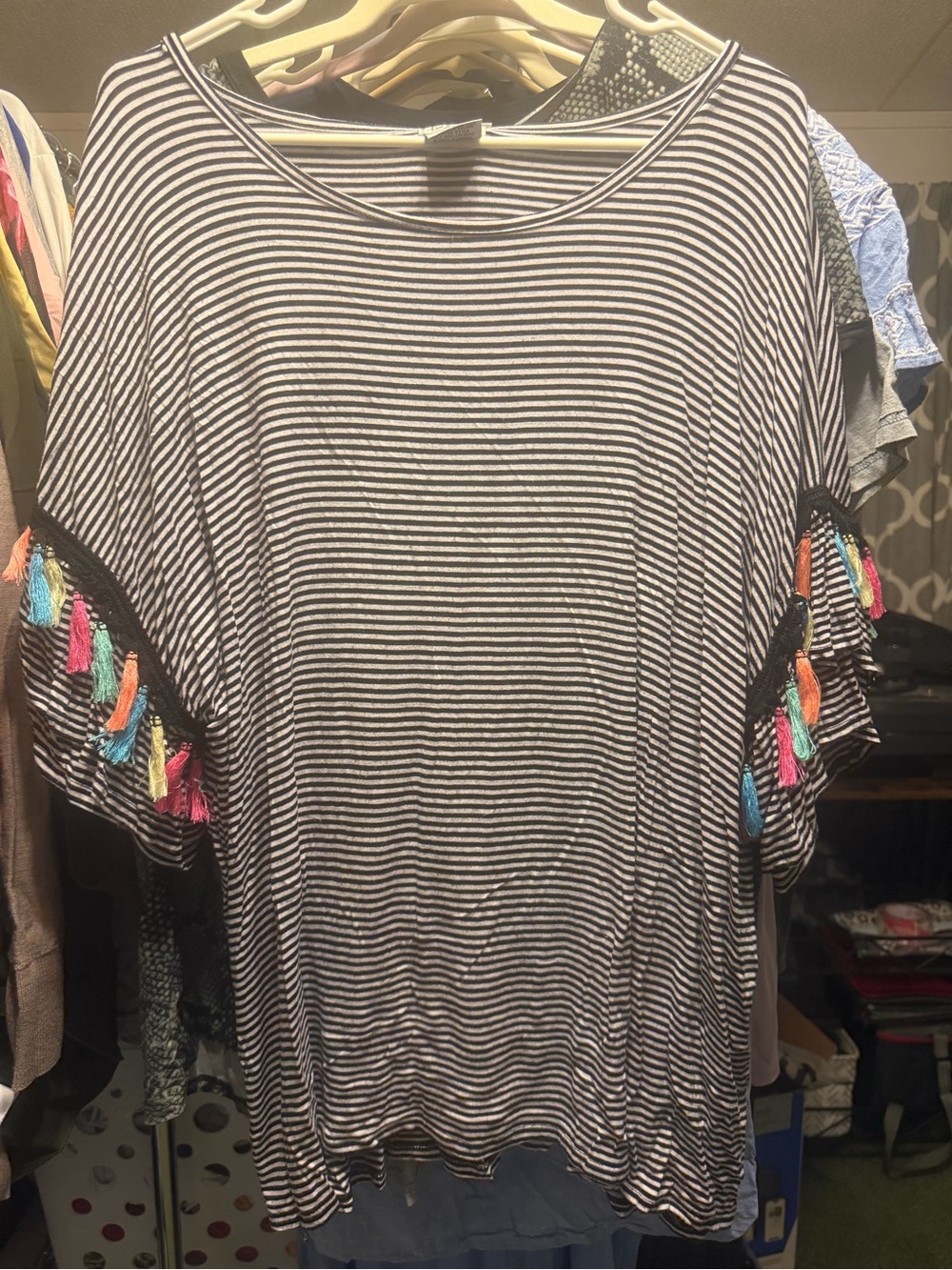 Striped Black & White Short Sleeve Top with Colorful Tassel Trim